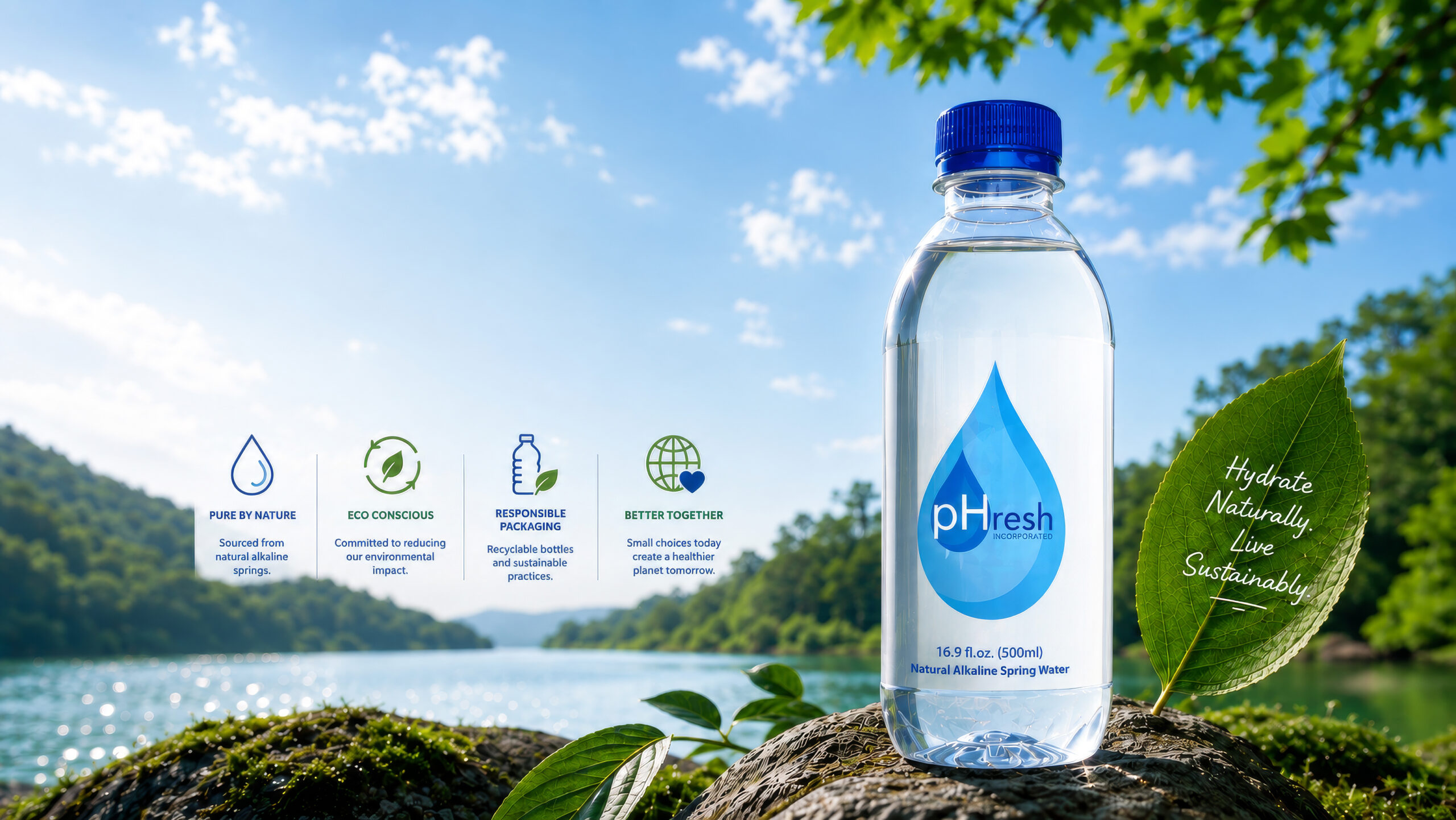 pHresh alkaline water bottle beside a natural spring, representing pHresh sustainability commitment