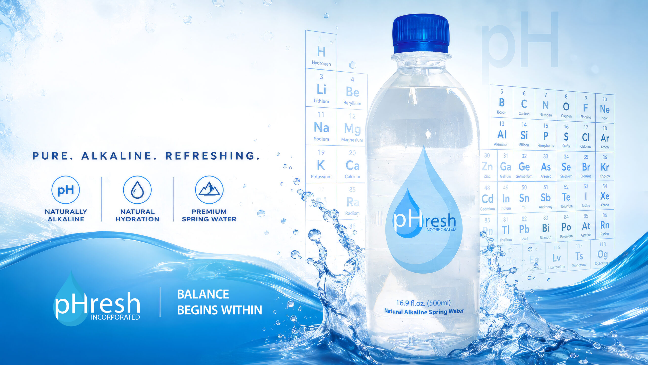 Sunlit water splash representing pHresh natural spring water